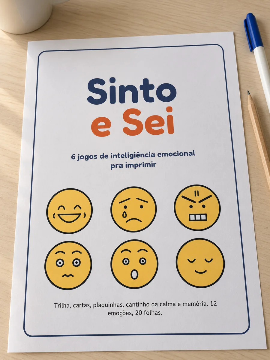 Capa do kit Sinto e Sei impressa em A4 sobre a mesa