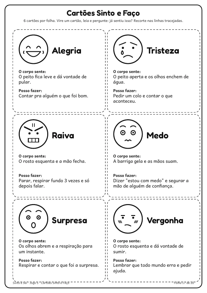Página real do PDF Sinto e Sei: cartões com “o corpo sente” e “posso fazer”