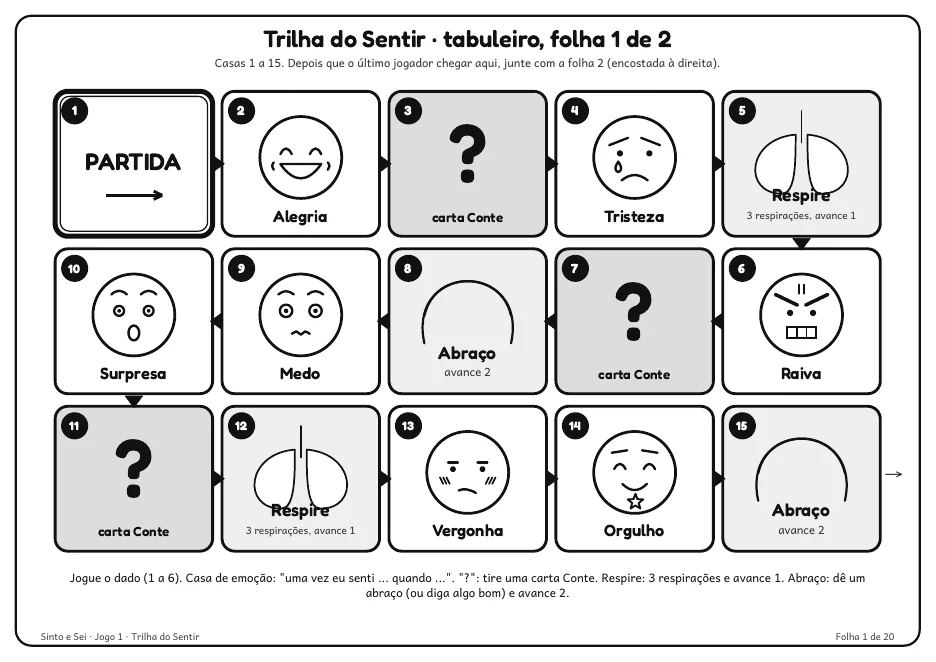 Página real do PDF Sinto e Sei: uma das 2 folhas do tabuleiro da Trilha do Sentir