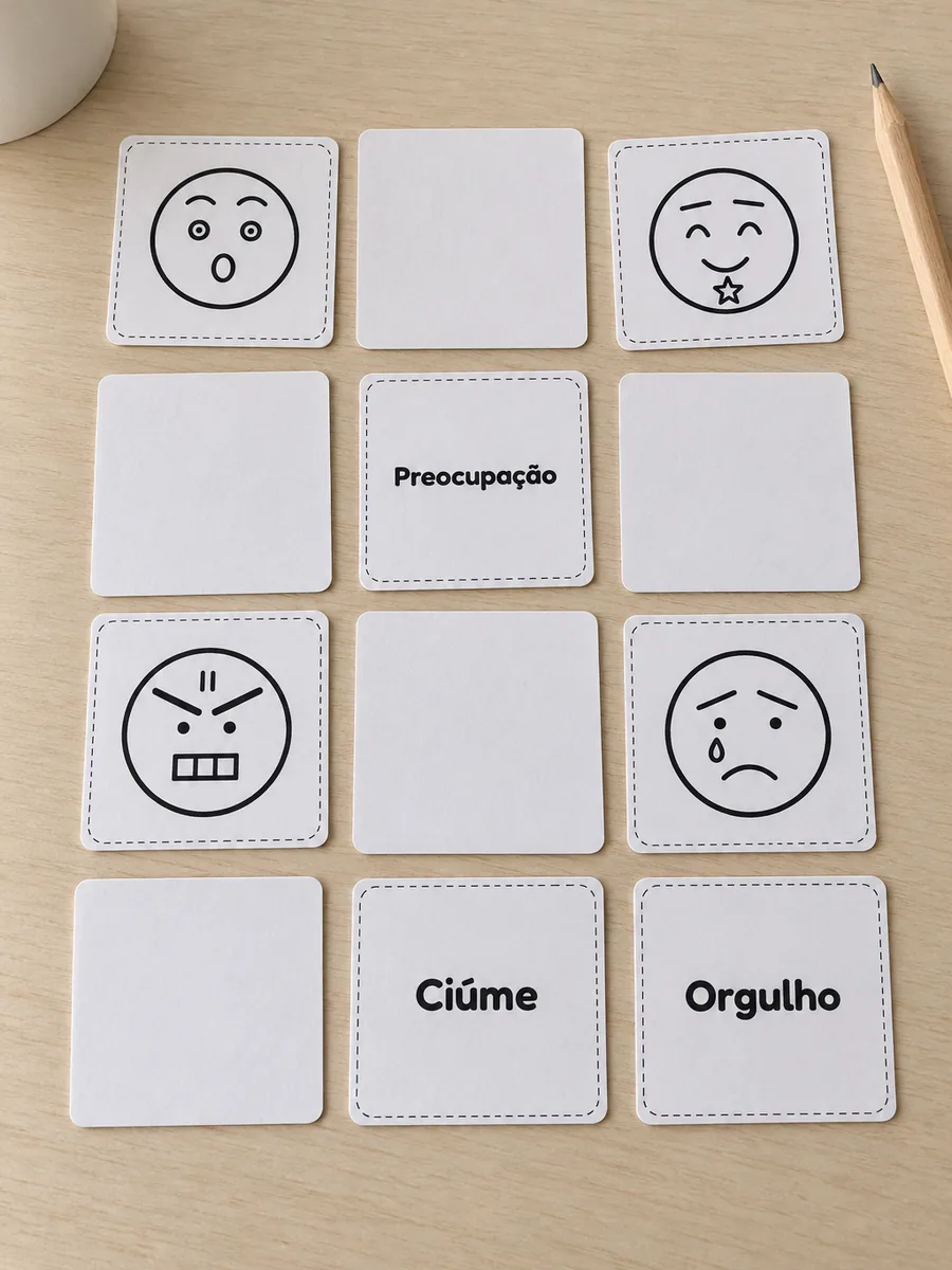 Cartas do Par de Rostos, seis de frente e seis de costas, sobre a mesa