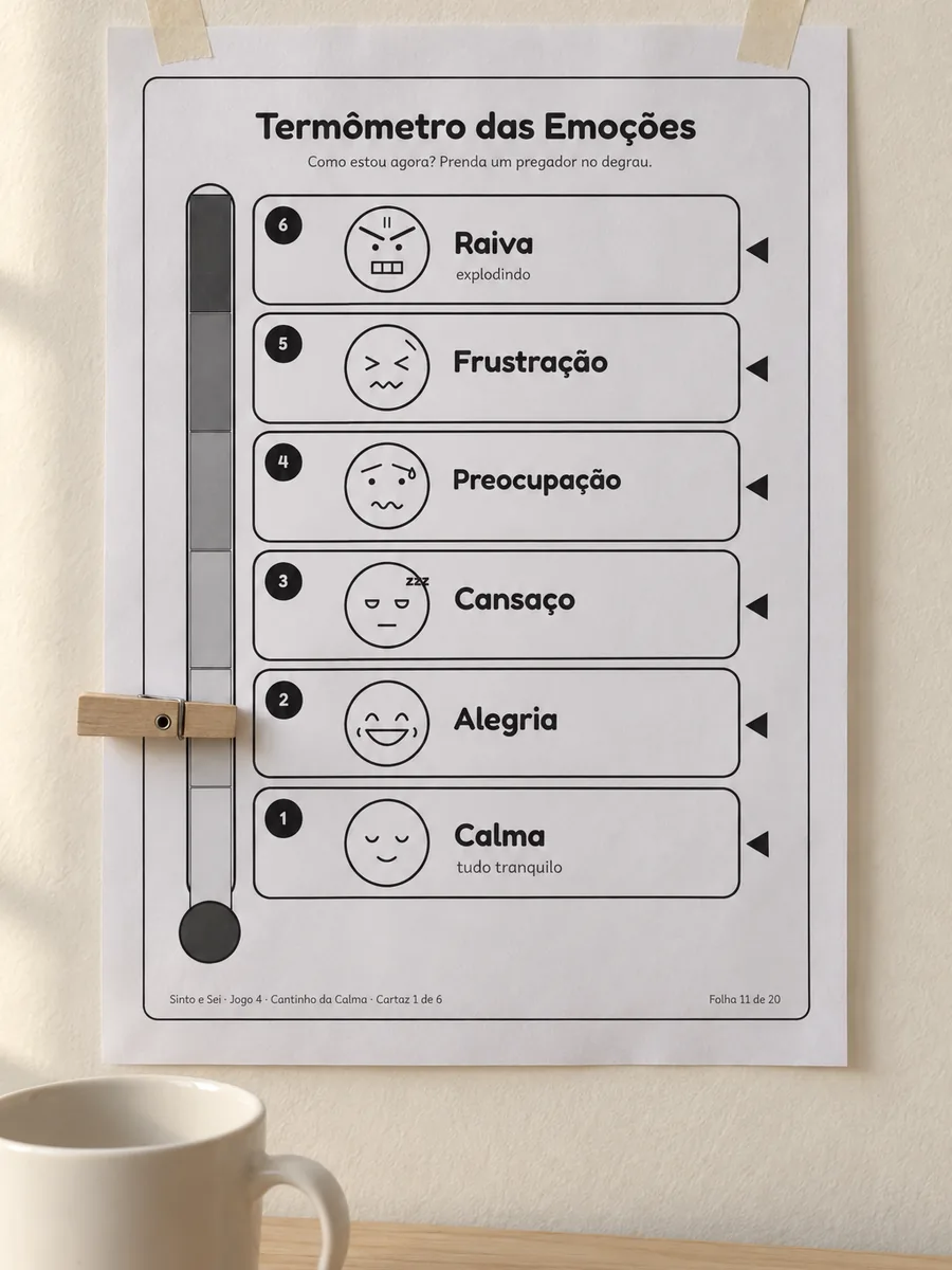 Cartaz Termômetro das Emoções colado na parede, com um prendedor em um dos degraus